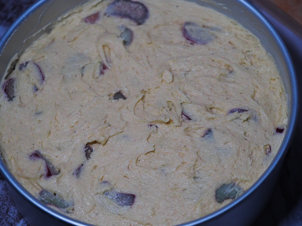 Rhubarb Cake batter in the pan